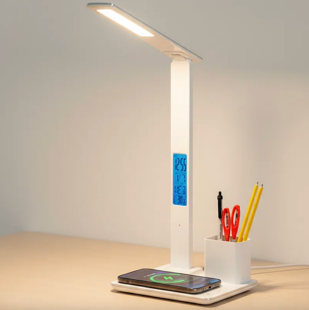 Multifunction LED Desk Lamp with Digital Clock, Alarm & Wireless Charger