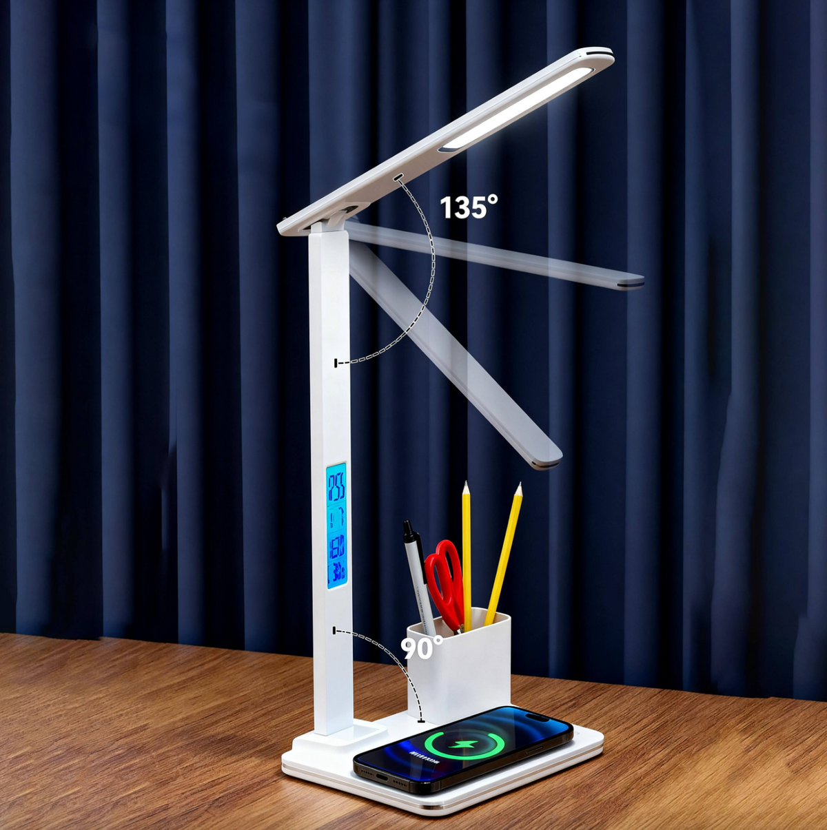 Multifunction LED Desk Lamp with Digital Clock, Alarm & Wireless Charger