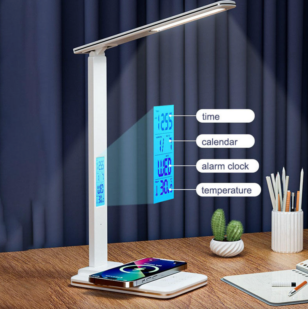 Multifunction LED Desk Lamp with Digital Clock, Alarm & Wireless Charger
