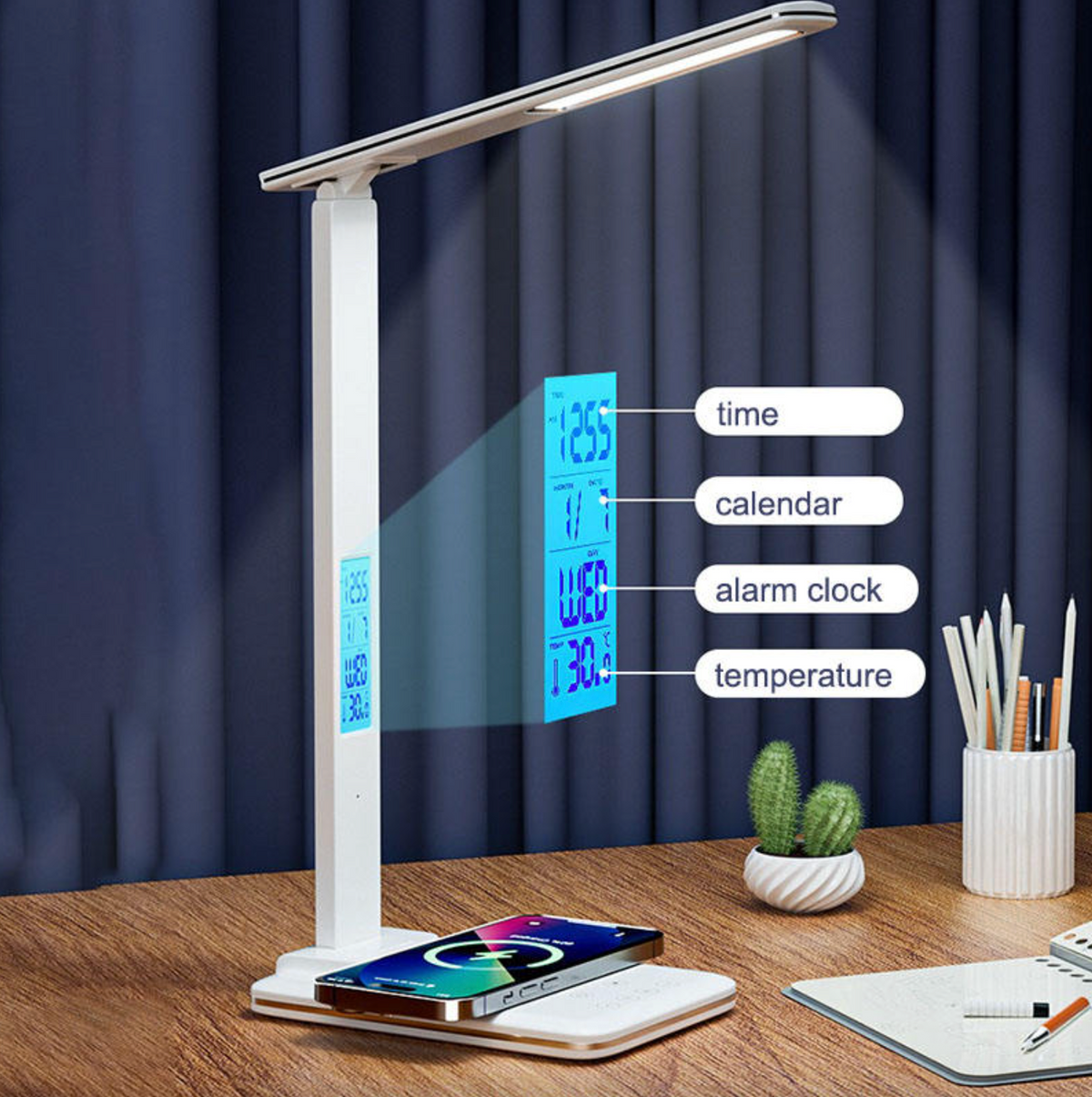 Multifunction LED Desk Lamp with Digital Clock, Alarm & Wireless Charger