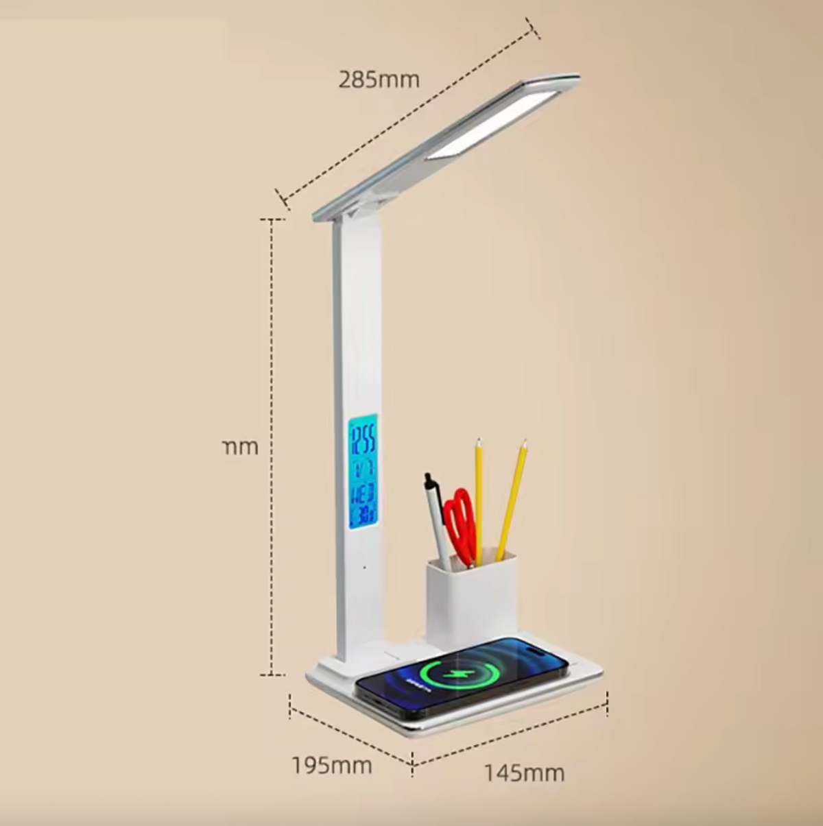 Multifunction LED Desk Lamp with Digital Clock, Alarm & Wireless Charger