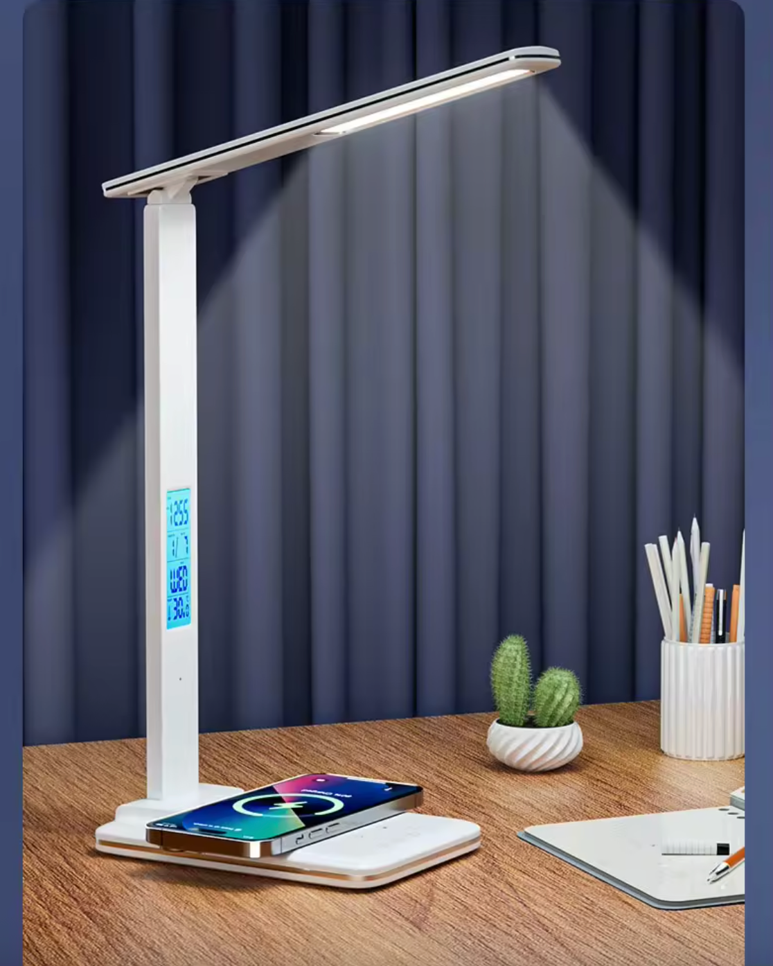 Multifunction LED Desk Lamp with Digital Clock, Alarm & Wireless Charger